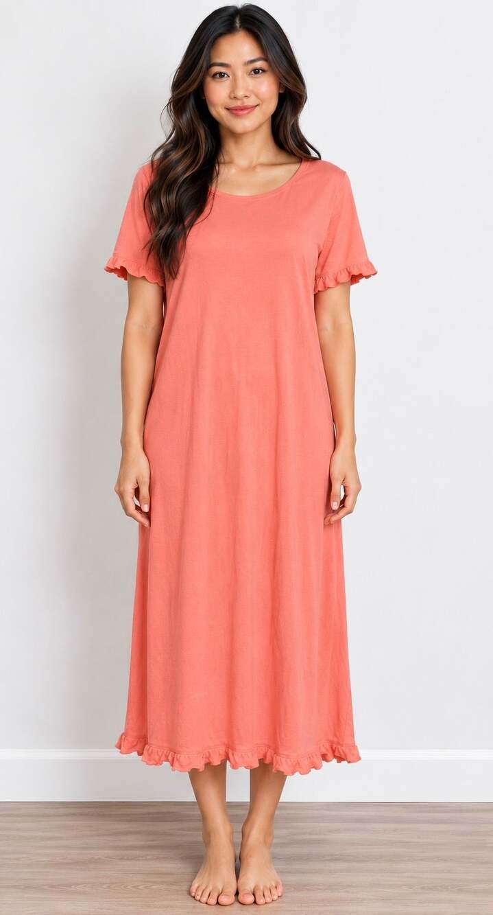 Large Coral Pink Long Nightgown Ruffle Trim Short Sleeve Sleep House Dress 24031